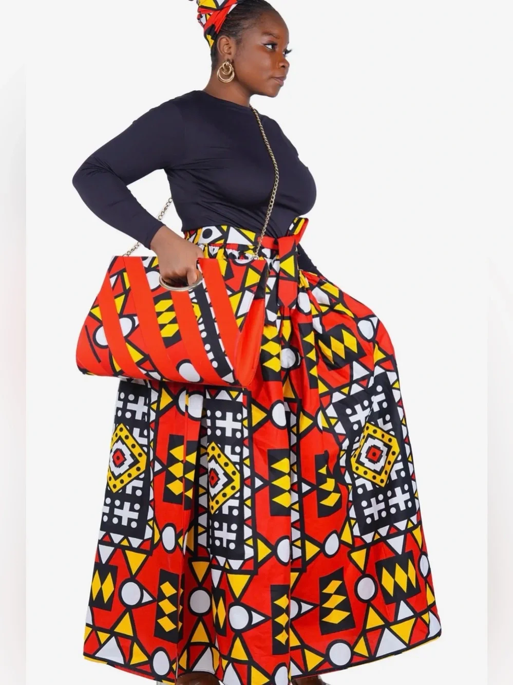 African Print Maxi Skirt, Handbag & Headwrap Set